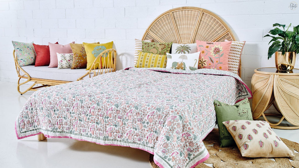 Agasti offers handblock printed quilts & embroidered cushion covers. Everything is made by hand in small batches