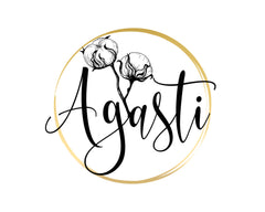 Agasti.store logo. Agasti is an ecommerce store selling premium, cotton handblock printed quilts and embroidered cushion covers. The cushion covers are made of different types of fabrics like linen, cotton and velvet. Stunning motifs are embroidered.