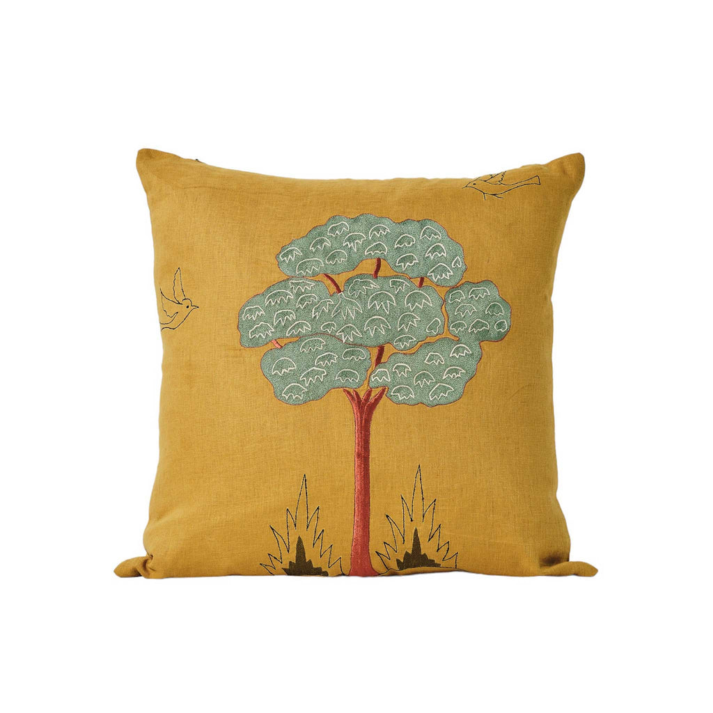 mustard linen embroidered cushion cover