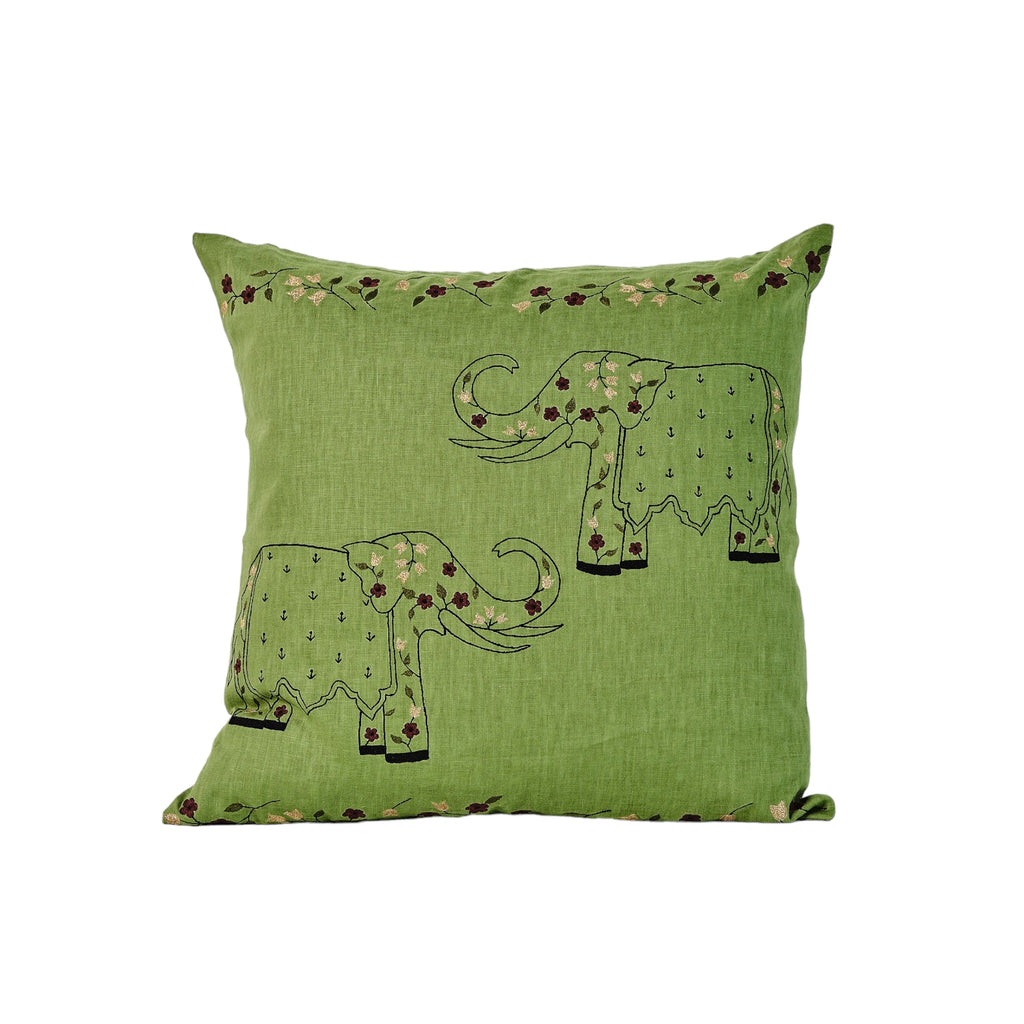 elephant embroidered cushion cover green