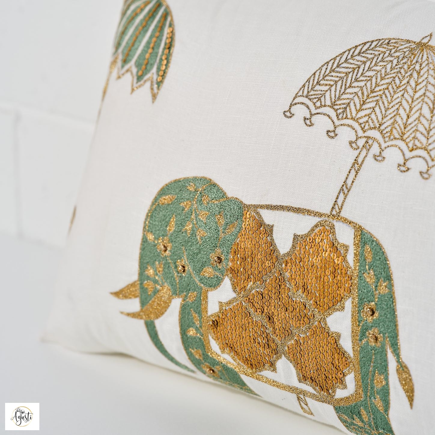 Sequins and gold thread elephant close up cotton cushion